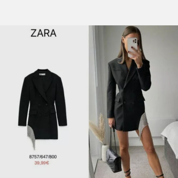Zara Blazer Dress Limited Jewel Rhinestone Trim Fringe Black - Picture 6 of 9